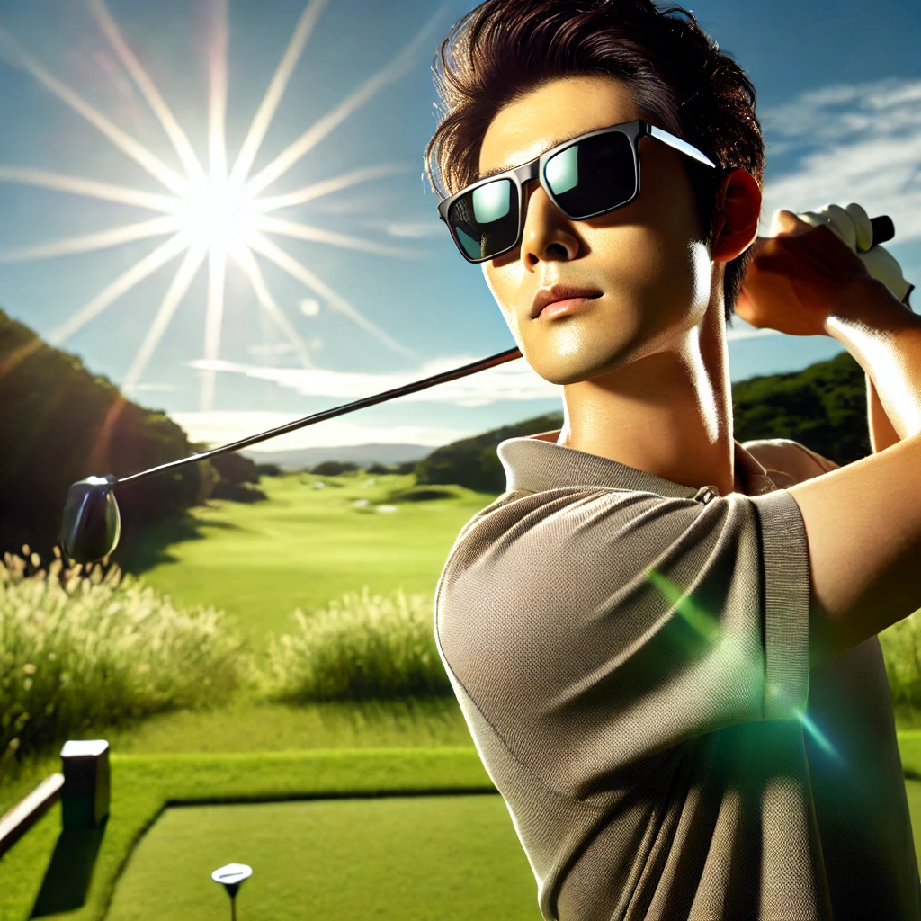 A-Japanese-golfer-wearing-sleek-stylish-sunglasses-on-a-lush-green-golf-course-under-bright-sunlight.-The-golfer-is-mid-swing-with-a-focus-on-the-cl.webp