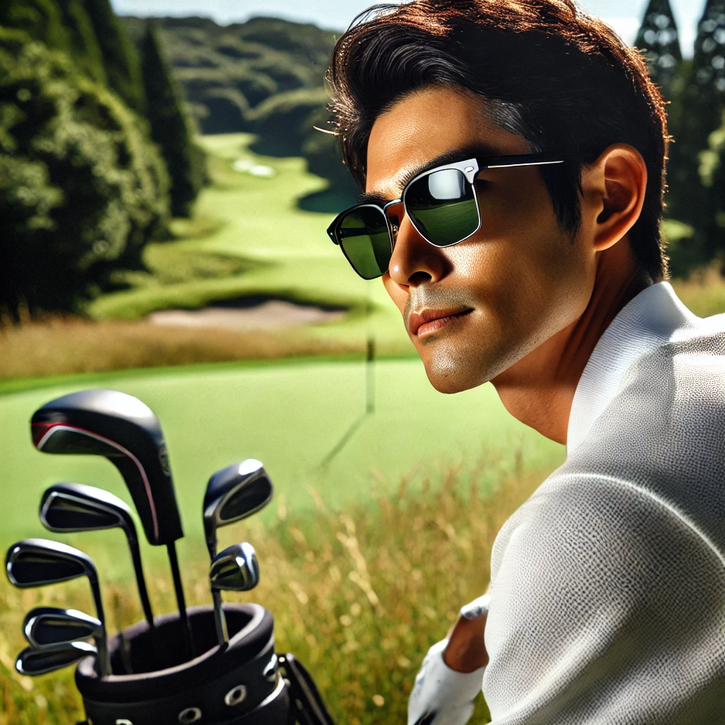 A-Japanese-golfer-on-a-bright-sunny-golf-course-wearing-sleek-polarized-sunglasses-focusing-on-the-green.-The-scene-should-emphasize-a-golfers-rel.webp