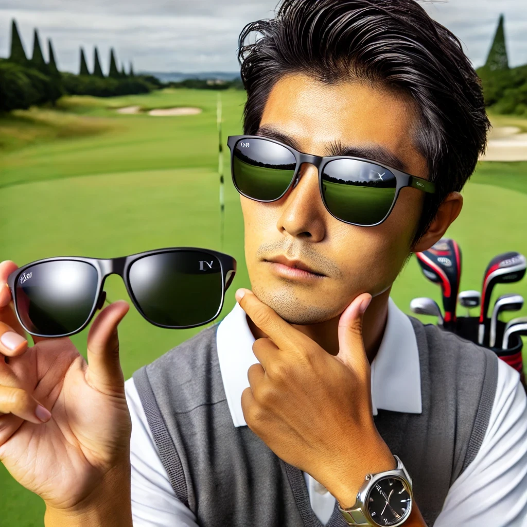 A-close-up-photo-of-a-Japanese-golfer-standing-on-a-golf-course-holding-Talex-sunglasses-with-a-thoughtful-expression.-The-golfer-appears-to-be-refle.webp