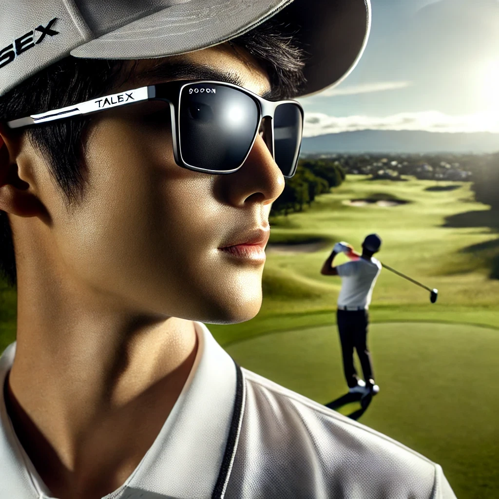 A-close-up-photo-of-a-Japanese-golfer-on-a-bright-golf-course-wearing-Talex-sunglasses.-The-image-highlights-the-sleek-design-and-superior-lens-quali.webp