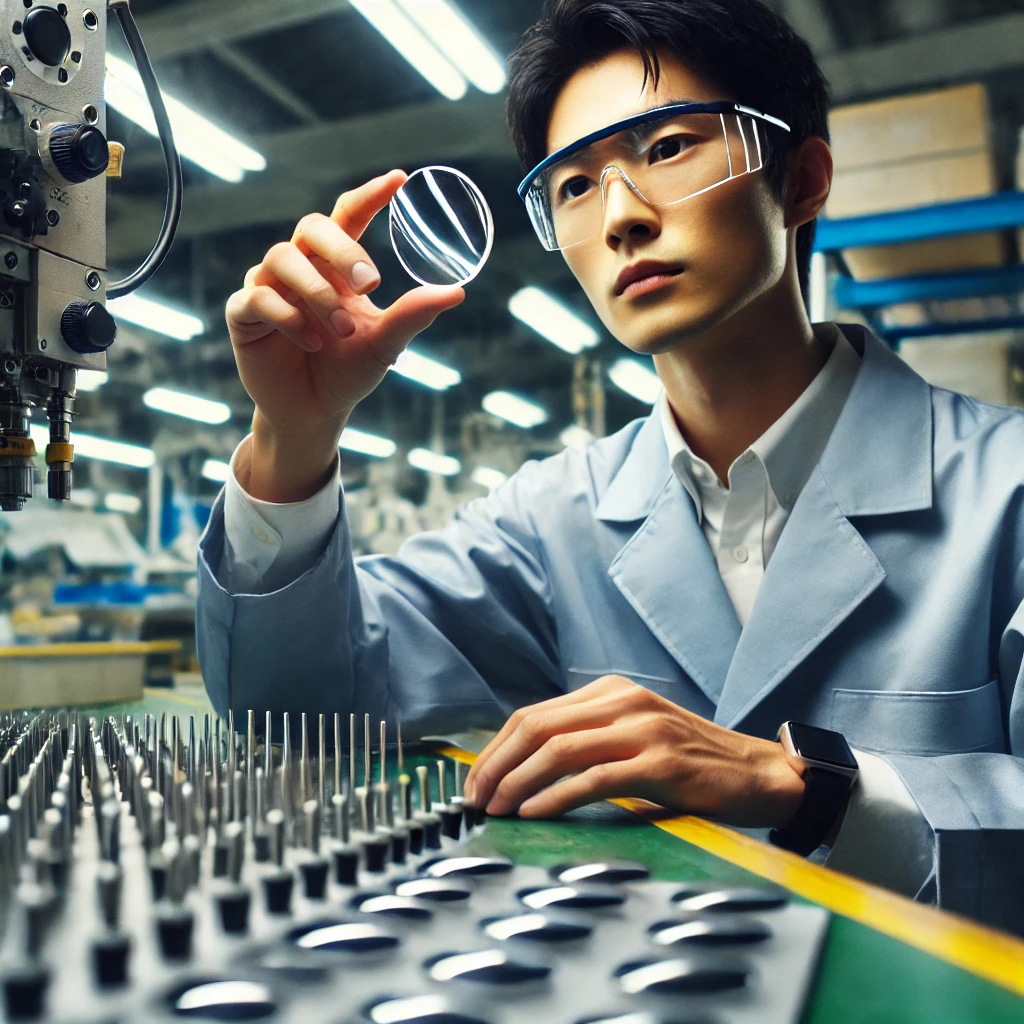 A-photo-of-a-Japanese-factory-worker-in-a-modern-manufacturing-facility-wearing-safety-glasses-and-carefully-inspecting-a-high-quality-lens-represen.webp