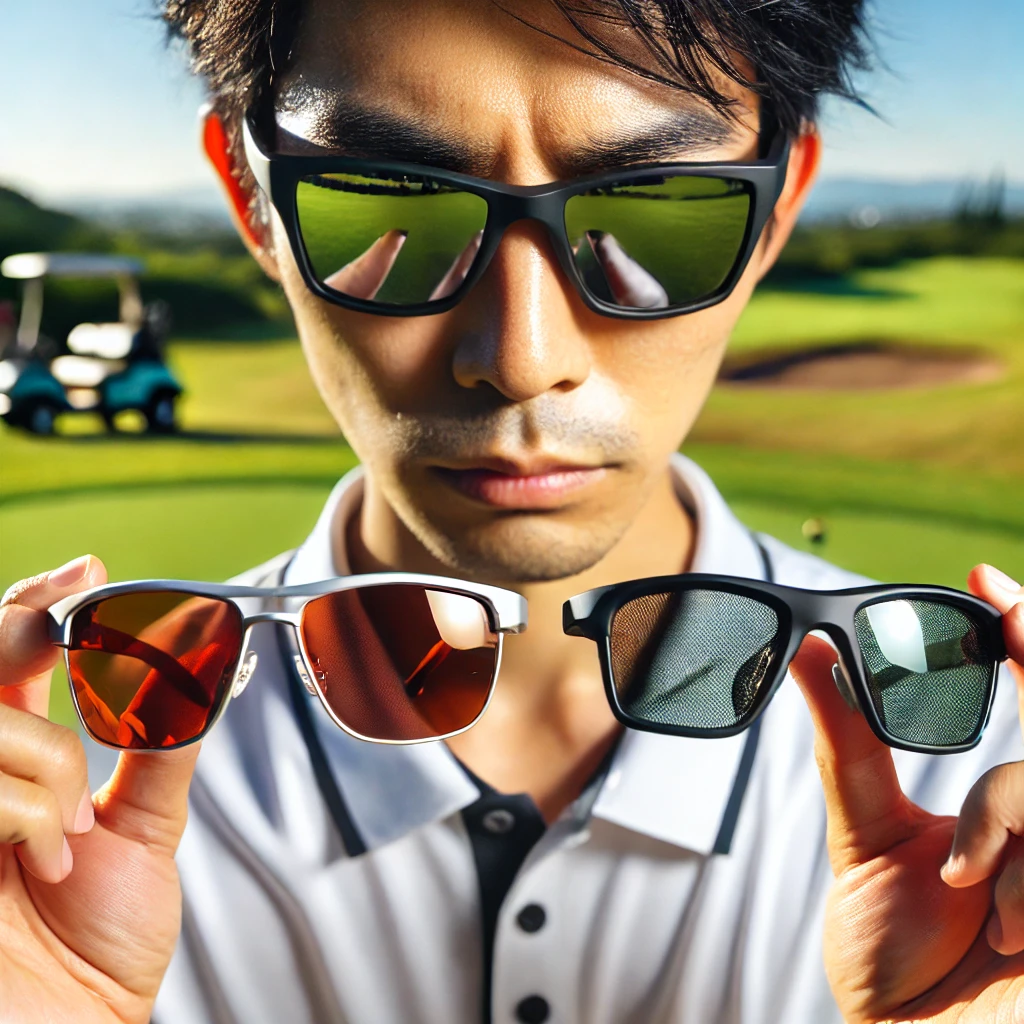 A-close-up-photo-of-a-Japanese-golfer-wearing-sunglasses-standing-on-a-bright-golf-course.-The-golfer-is-comparing-two-different-sunglasses-each-wit.webp