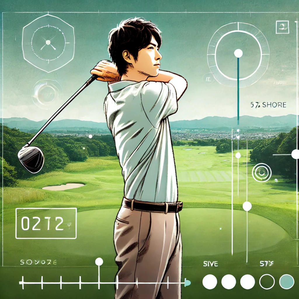 A-Japanese-golfer-in-a-mid-swing-position-during-practice-on-a-lush-green-golf-course.-The-golfer-looks-focused-with-a-determined-expression-while-t.webp