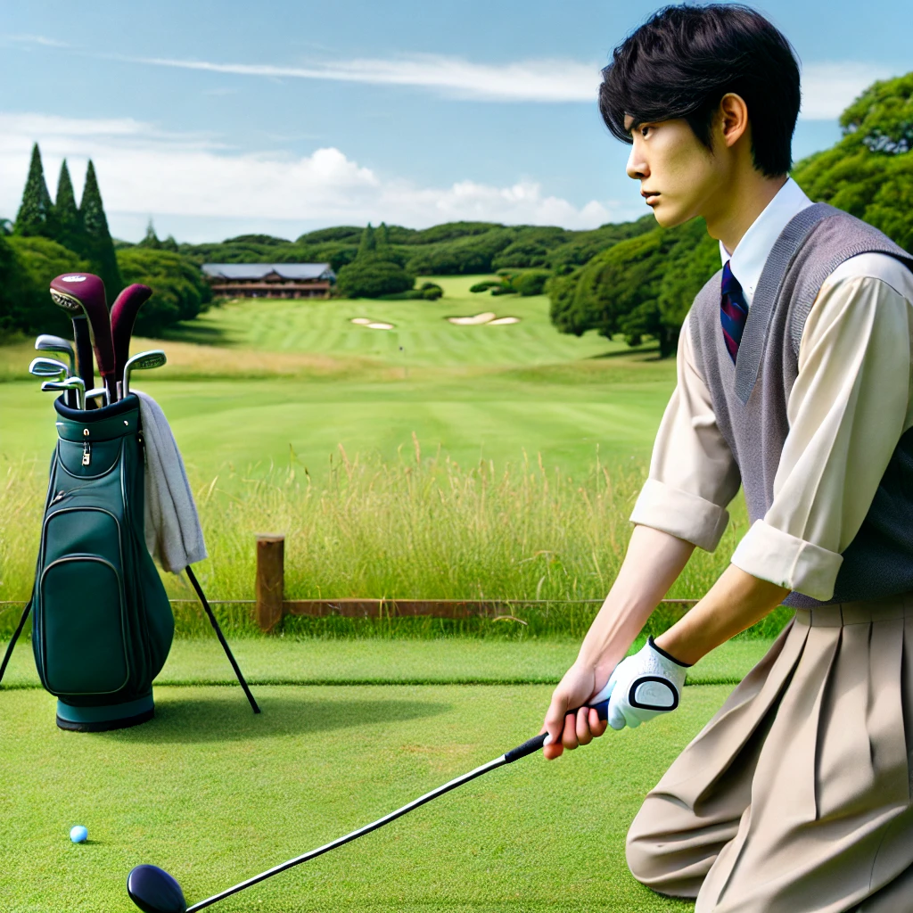 A-Japanese-golfer-preparing-for-a-round-of-golf-focusing-on-his-strategy-to-avoid-hitting-a-hook-shot-during-the-course-round.-The-golfer-is-standing.webp