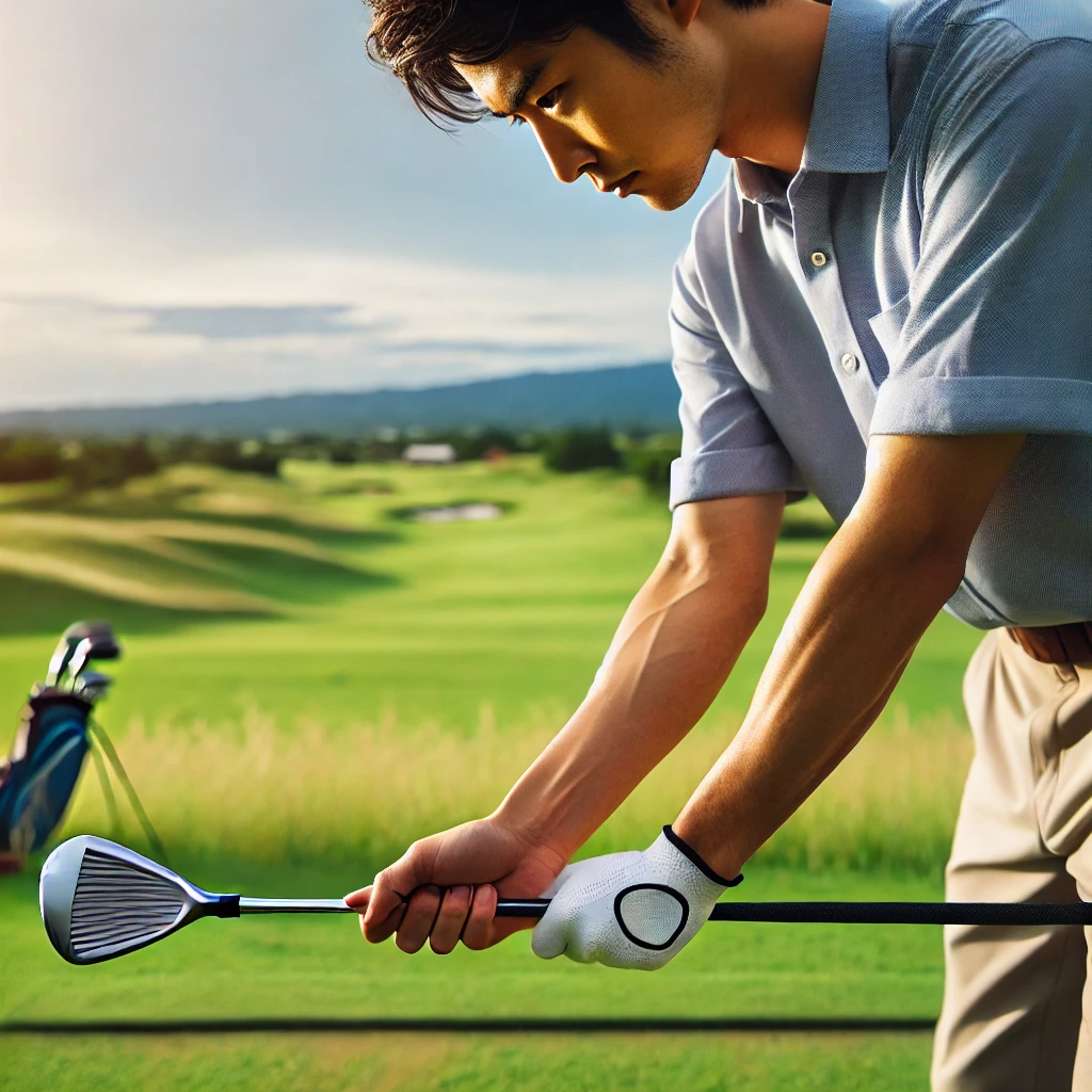 A-Japanese-golfer-adjusting-the-golf-club-shaft-focusing-on-understanding-how-the-shaft-affects-his-shots.-The-golfer-is-on-a-golf-course-analyzing-.webp