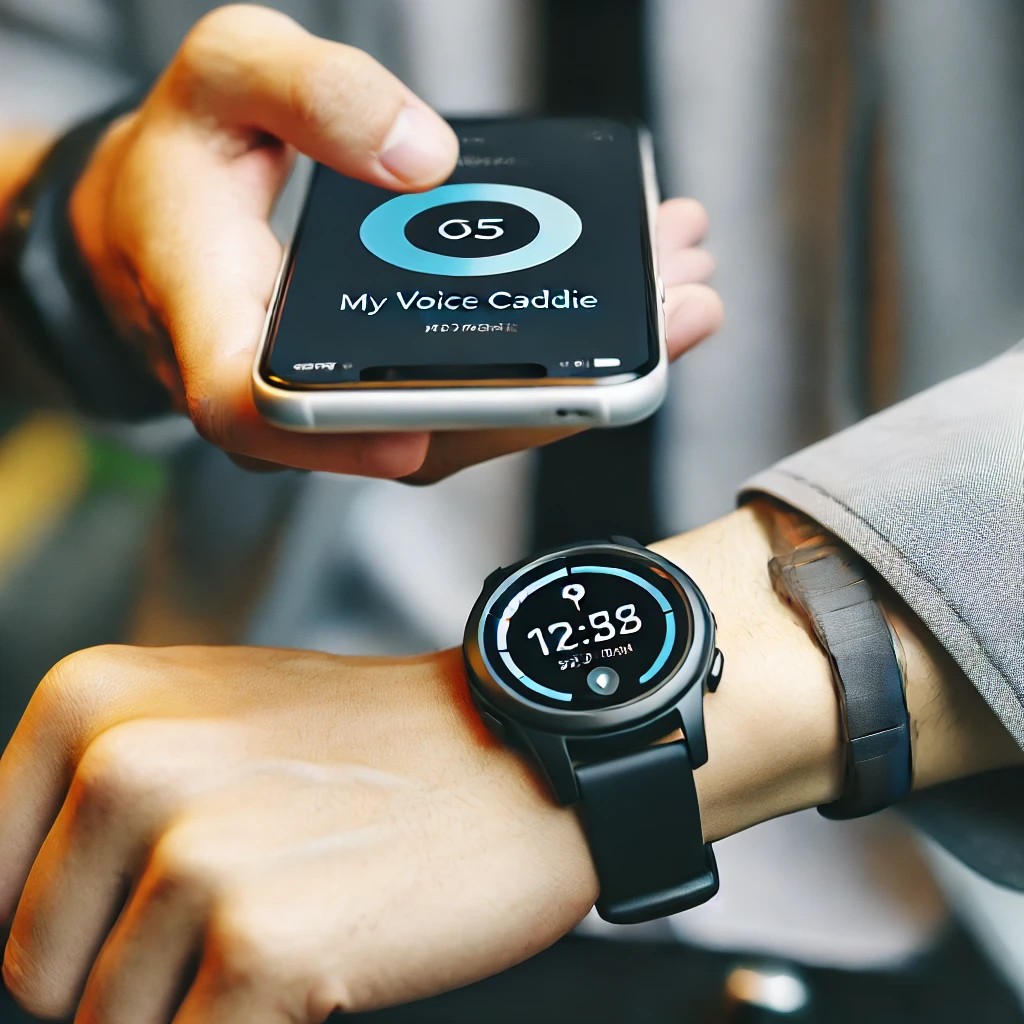 A-Japanese-person-holding-a-smartphone-and-updating-their-sleek-wristwatch-style-GPS-golf-device-through-the-MyVoiceCaddie-app.-The-focus-is-on-the-pe.webp