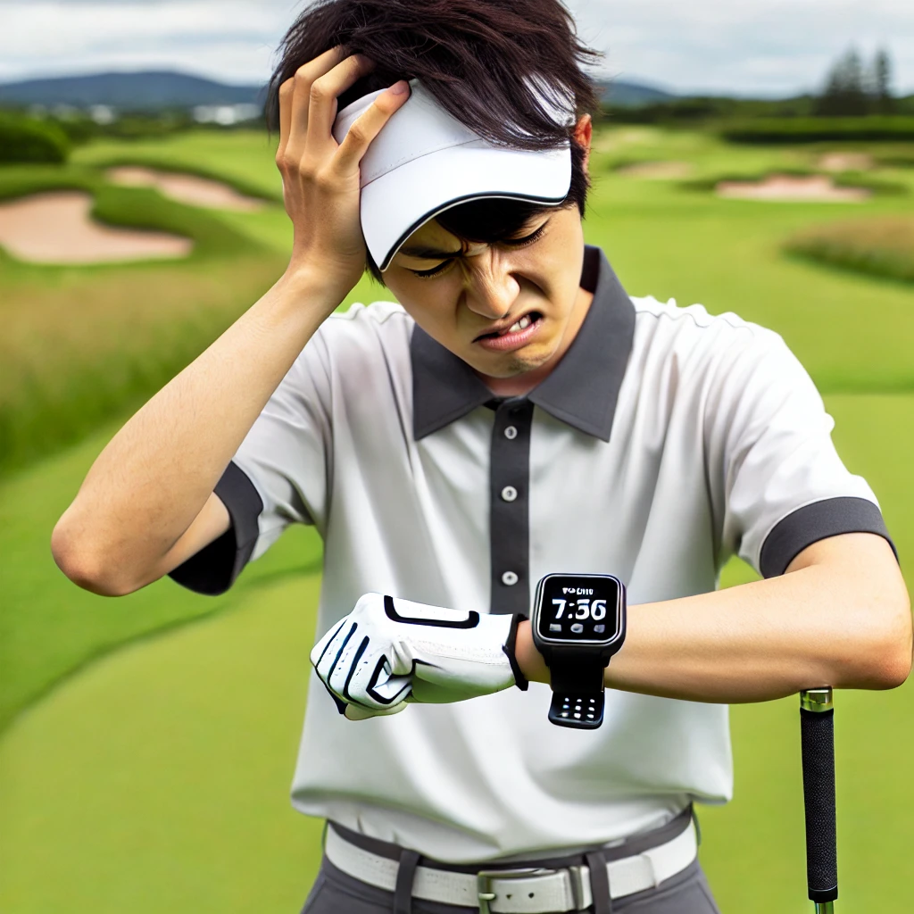 A-Japanese-golfer-frustrated-while-using-a-sleek-wristwatch-style-GPS-device-standing-on-a-golf-course.-The-device-seems-to-malfunction-or-cause-som.webp