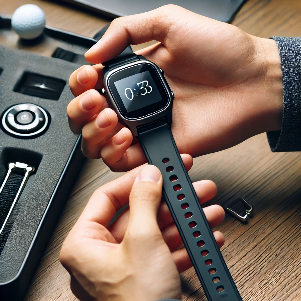 A-close-up-photo-of-a-Japanese-person-holding-a-sleek-wristwatch-style-golf-GPS-device-while-easily-exchanging-the-strap-at-a-desk.-No-text-or-symbols.webp