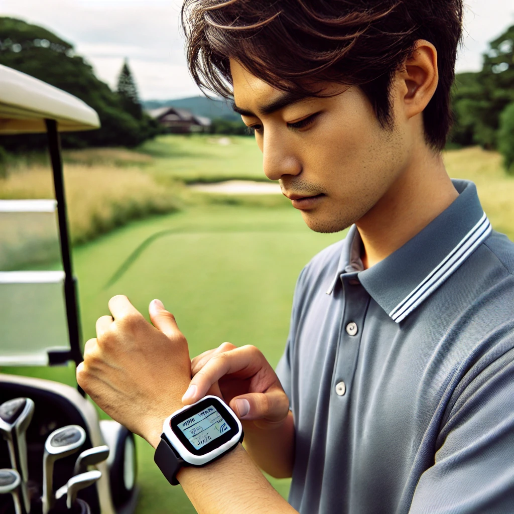 A-Japanese-golfer-holding-his-wristwatch-GPS-device-checking-and-adjusting-the-score-using-the-touch-screen.-The-golfer-is-standing-next-to-the-golf-.webp