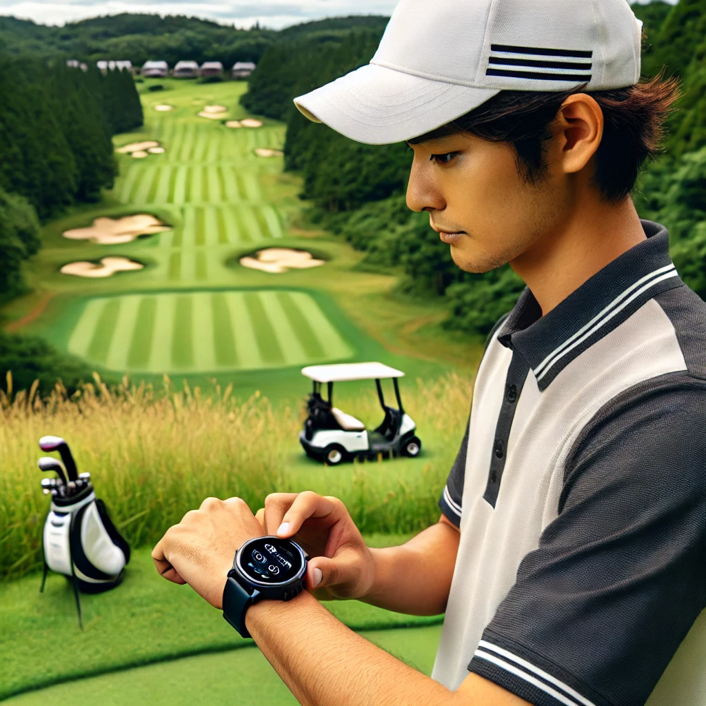 A-Japanese-golfer-on-a-well-maintained-golf-course-consulting-his-sleek-wristwatch-style-GPS-device-while-standing-on-the-green.-The-scene-shows-a-wi.webp