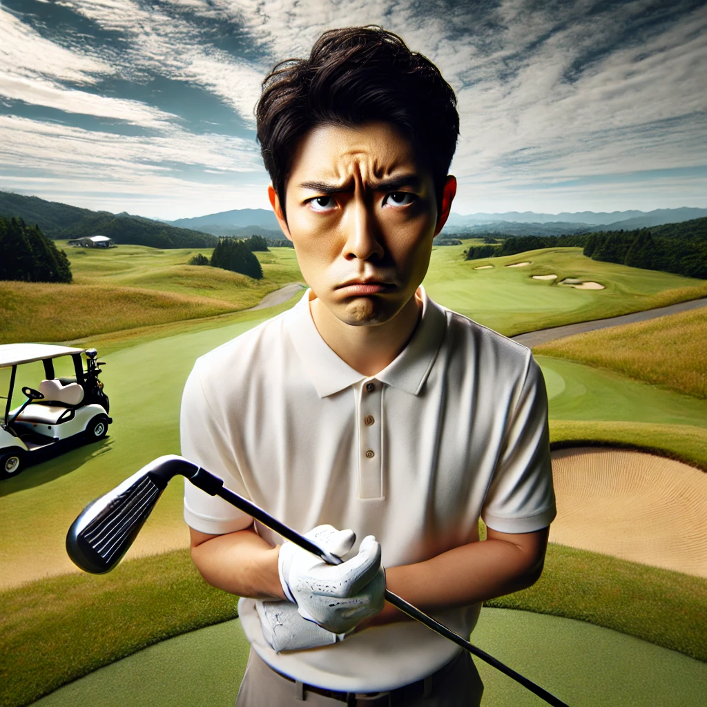 A-high-quality-photo-of-a-Japanese-golfer-looking-frustrated-after-a-failed-shot-on-a-golf-course-expressing-disappointment.-The-golfer-is-holding-a-.webp