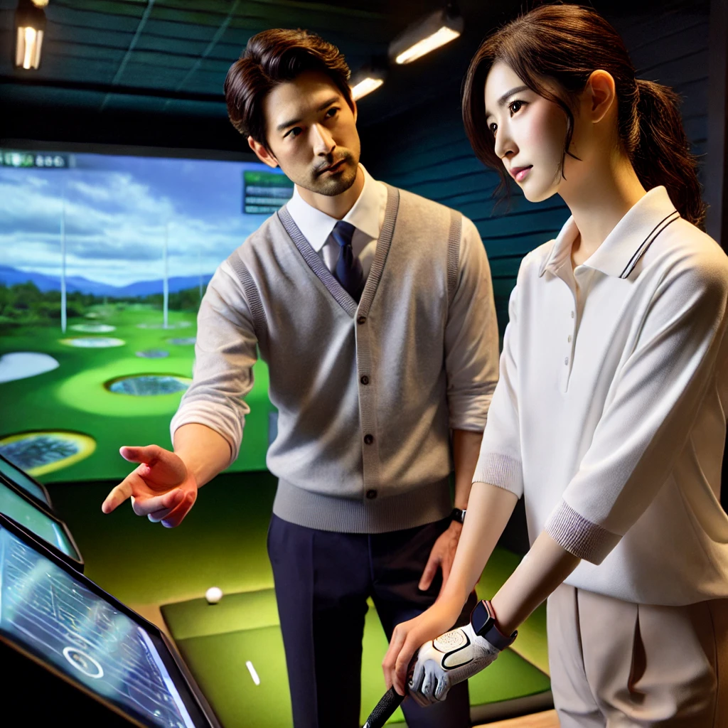 A-high-quality-photo-of-a-Japanese-golf-trainer-providing-a-one-on-one-lesson-in-a-modern-indoor-golf-studio.-The-setting-should-be-professional-with.webp