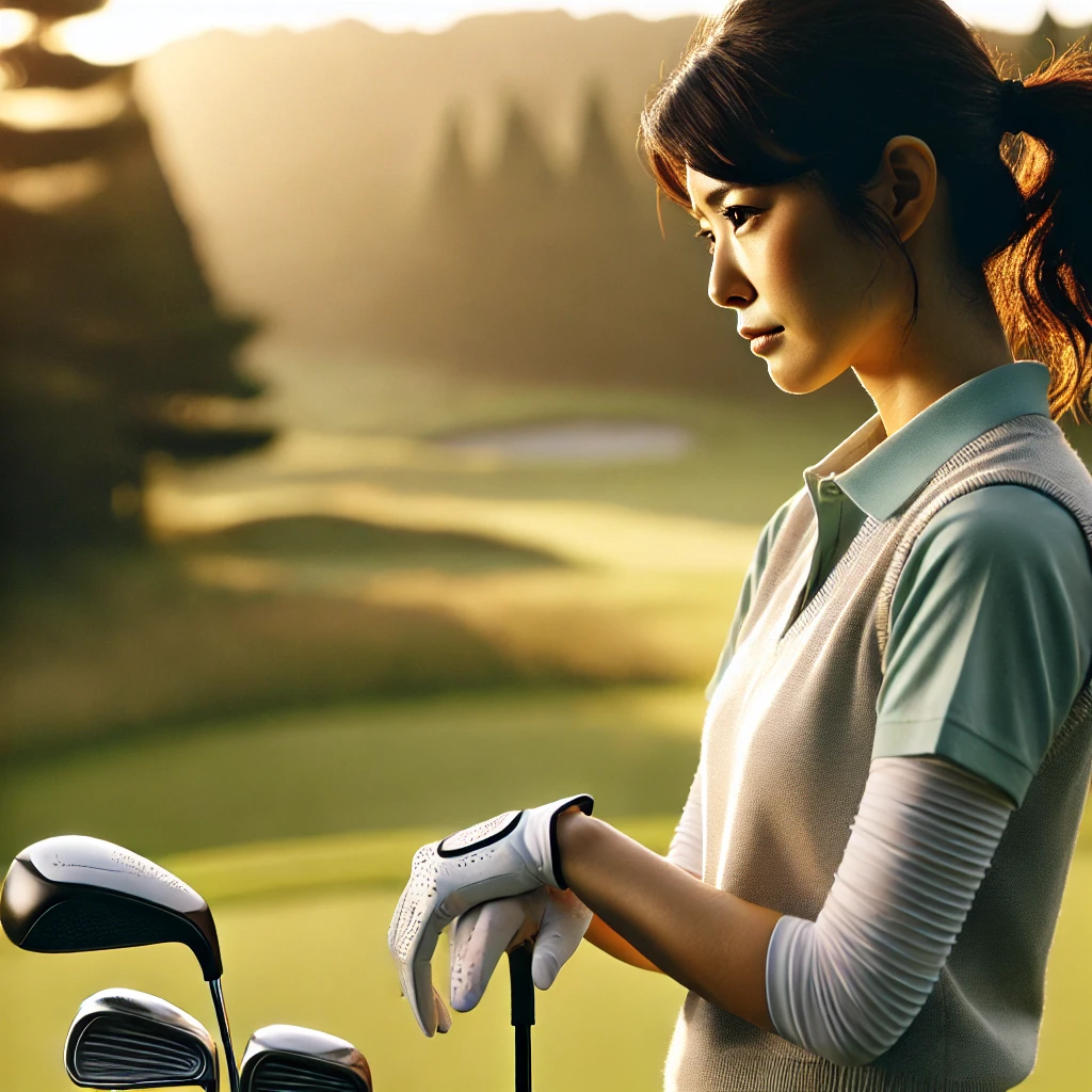 A-realistic-photo-of-a-Japanese-golfer-standing-on-a-green-golf-course-looking-reflective-as-they-consider-their-next-shot.-They-are-dressed-in-profe.webp