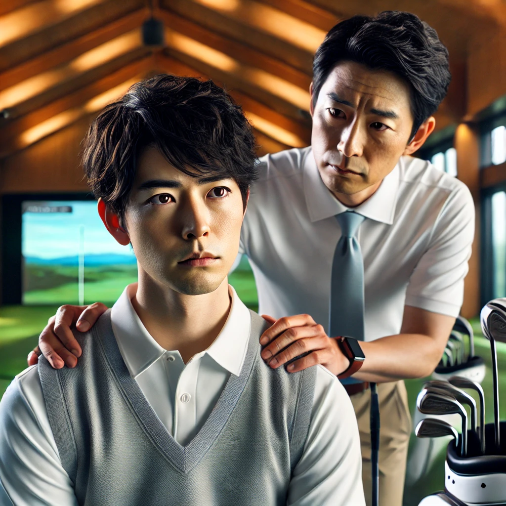 A-realistic-photo-of-a-Japanese-golfer-with-a-concerned-expression-on-their-face-receiving-guidance-from-a-Japanese-personal-golf-trainer-in-a-high-e.webp