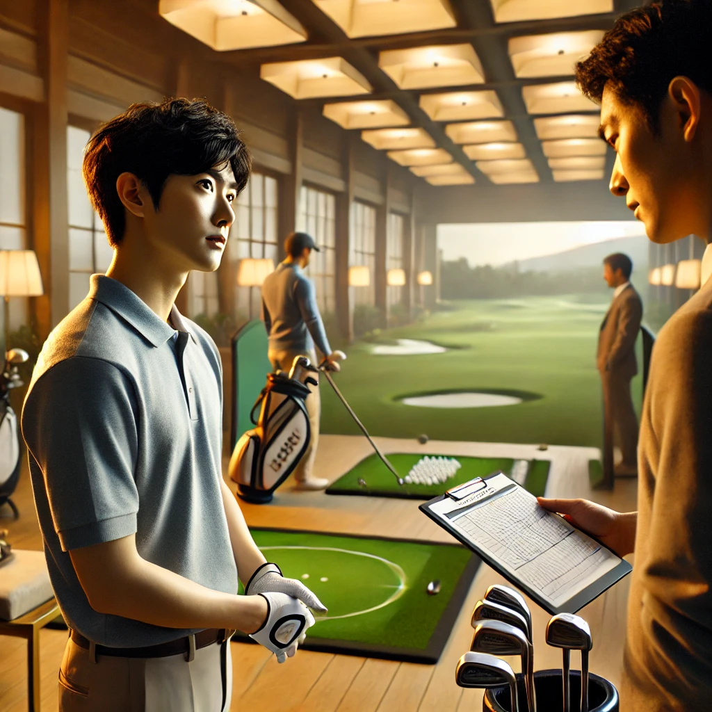 A-realistic-photo-of-a-Japanese-person-receiving-a-golf-lesson-in-a-high-end-professional-setting.-The-person-is-carefully-observing-the-golf-instruc.webp