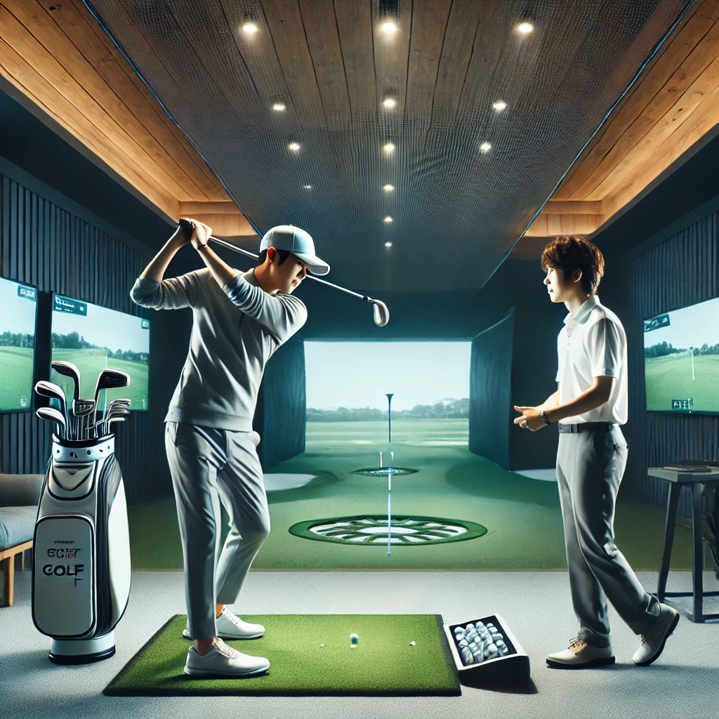 A-high-quality-photo-of-a-Japanese-person-in-a-sophisticated-indoor-golf-training-studio-focusing-on-posture-and-form-with-a-personal-golf-trainer-of.webp