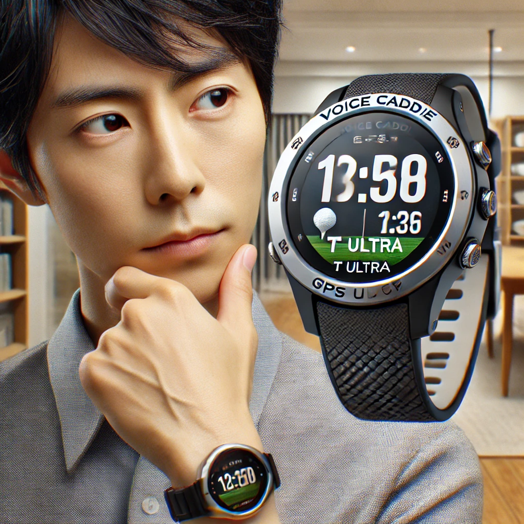 A-realistic-photograph-showing-a-Japanese-person-evaluating-the-Voice-Caddie-T-Ultra-GPS-golf-watch-indoors-with-a-thoughtful-expression-assessing-i.webp