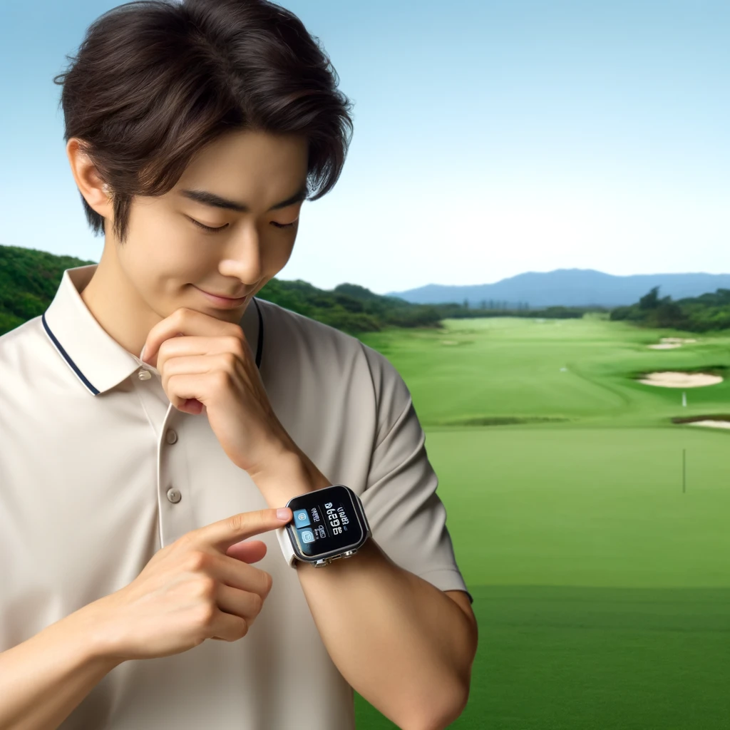 A-realistic-photograph-of-a-Japanese-golfer-wearing-and-evaluating-the-Voice-Caddie-T-Ultra-GPS-golf-watch-while-standing-on-a-well-manicured-golf-cou.webp