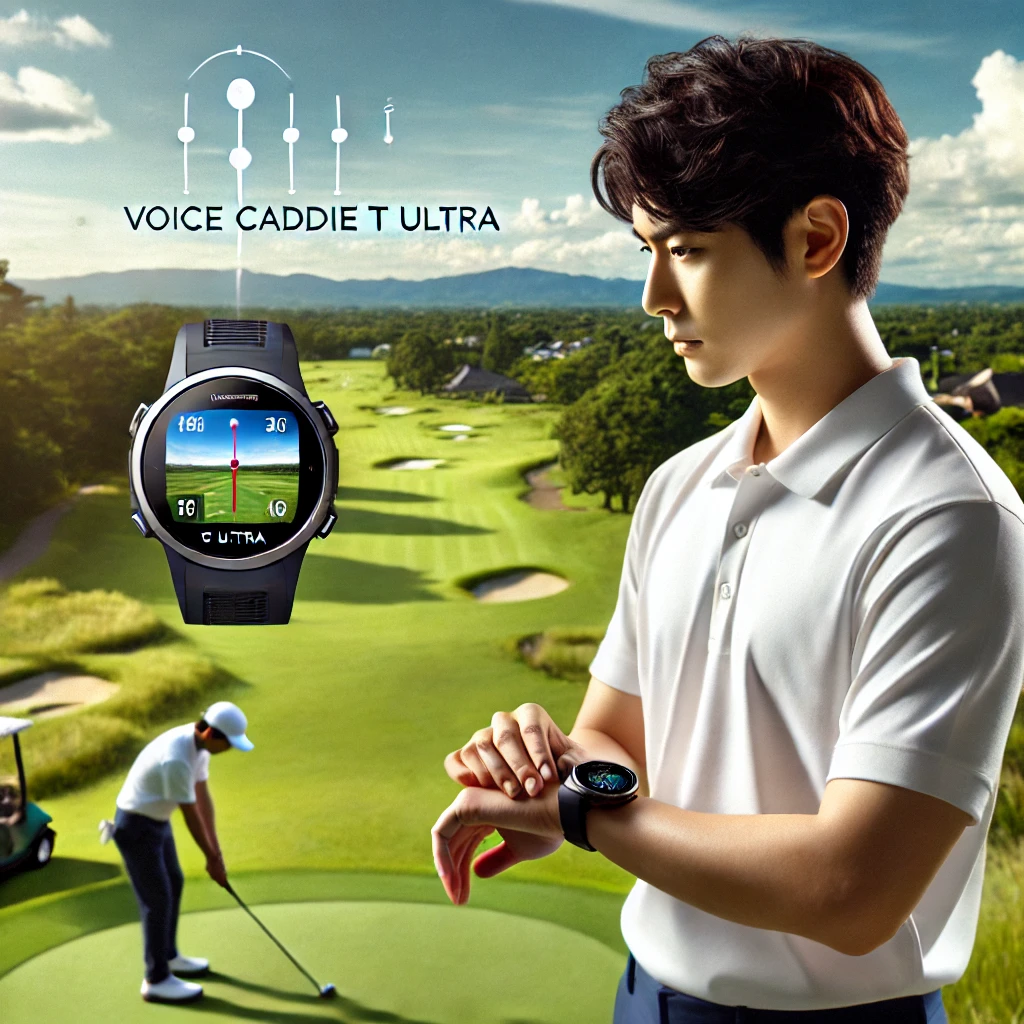 A-realistic-photograph-of-a-Japanese-golfer-wearing-the-Voice-Caddie-T-Ultra-GPS-watch-standing-on-a-golf-course-and-evaluating-its-features-with-a-f.webp