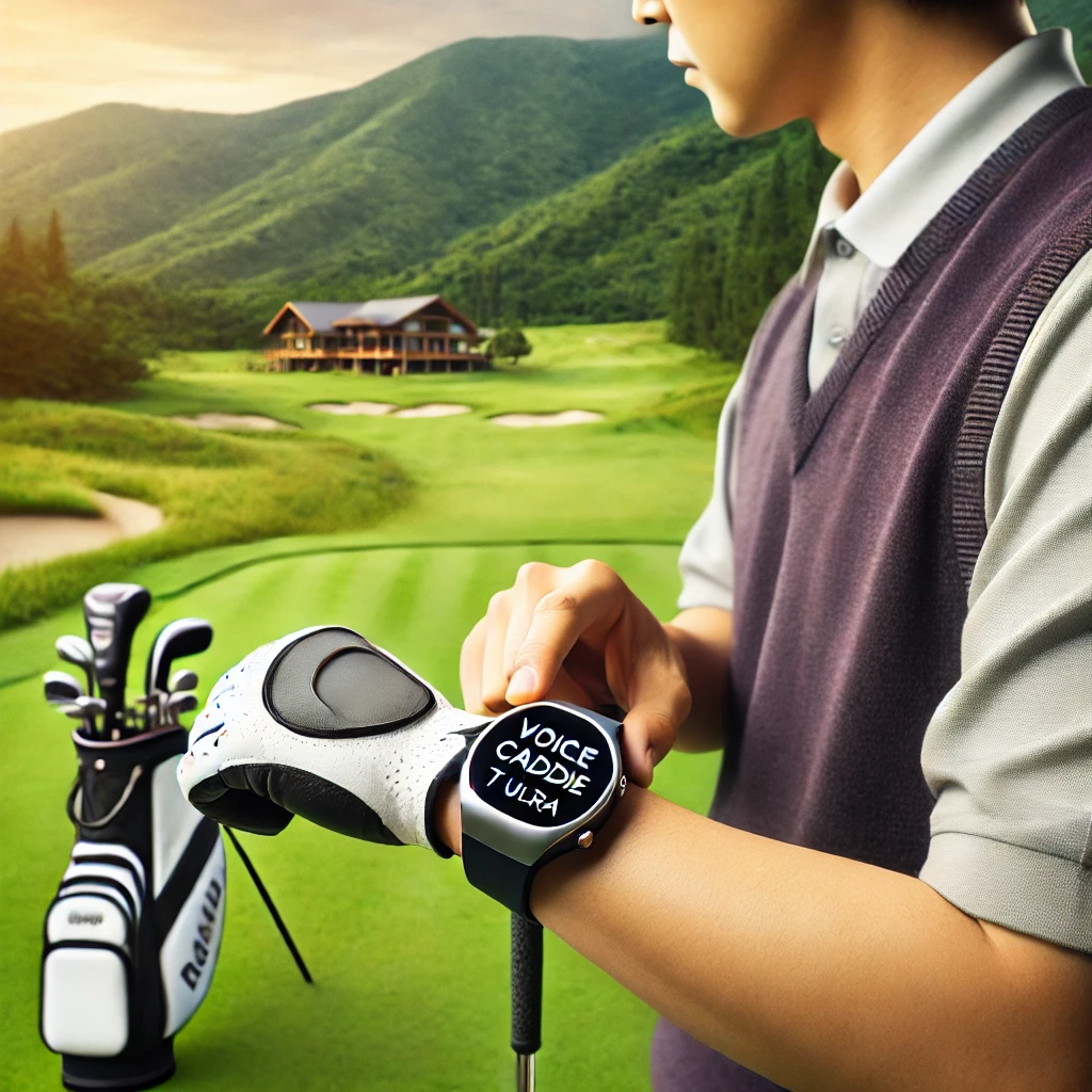 A-realistic-photograph-showing-a-Japanese-golfer-on-a-golf-course-wearing-an-advanced-wristwatch-device-Voice-Caddie-T-Ultra.-The-golfer-is-checking.webp