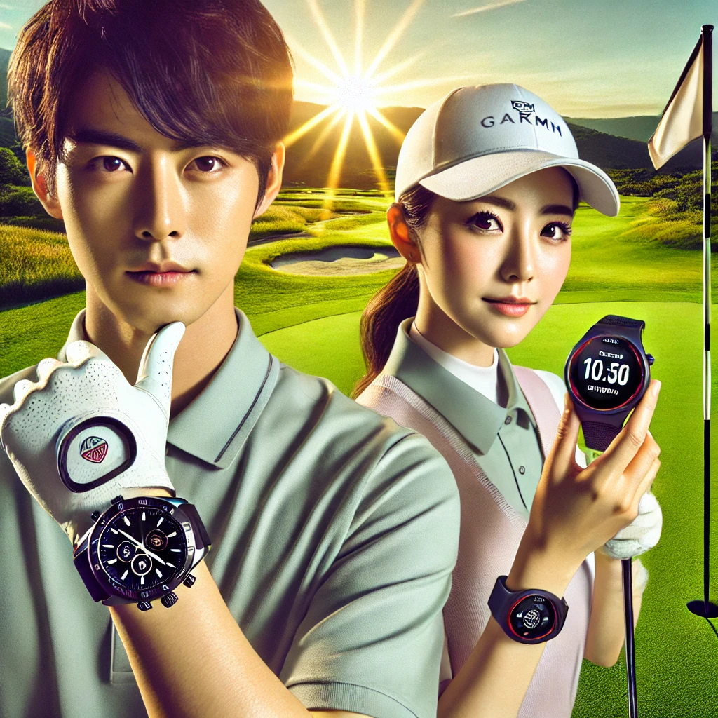 A-visually-stunning-photo-of-two-Japanese-golfers-one-male-and-one-female-in-a-vibrant-golf-course-setting.-The-male-golfer-is-wearing-a-sleek-moder.webp