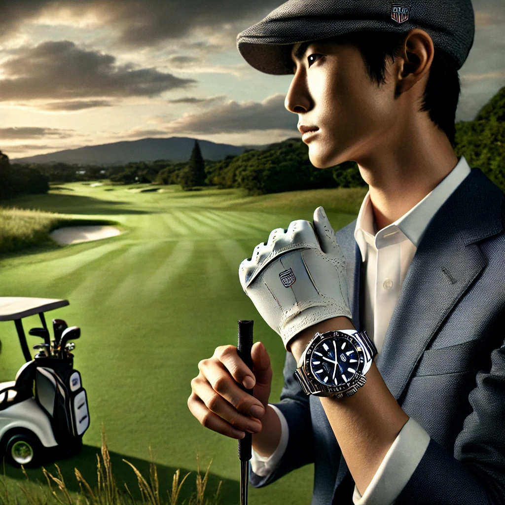 A-stylish-and-luxurious-Japanese-golfer-showcasing-a-premium-Tag-Heuer-golf-watch-standing-on-a-golf-course-with-lush-green-surroundings-highlightin.webp