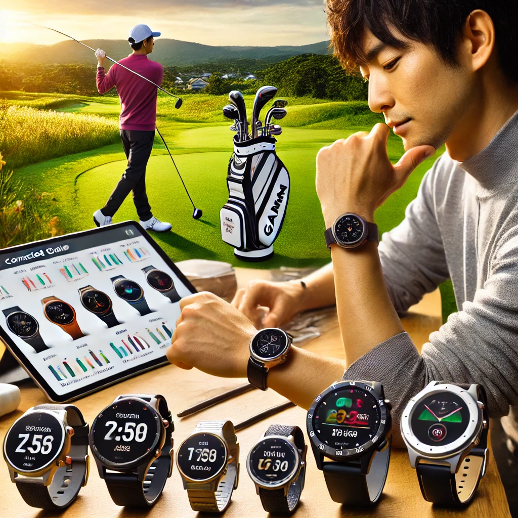 A-Japanese-golfer-comparing-two-smartwatches-representing-the-differences-between-a-regular-model-and-a-connected-golf-edition-outdoors-on-a-golf.webp