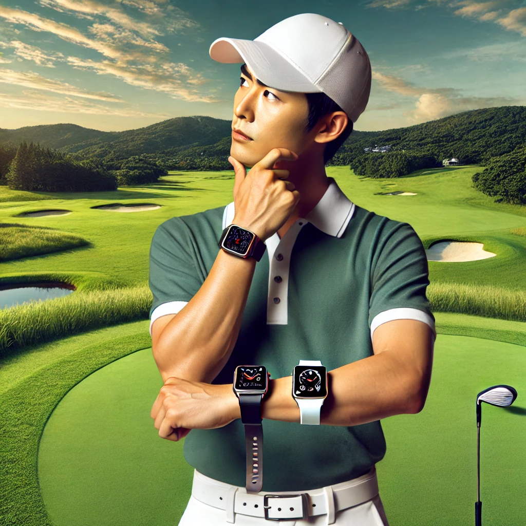 A-visually-appealing-and-professional-photograph-illustrating-a-Japanese-golfer-on-a-pristine-golf-course-thoughtfully-comparing-two-smartwatch-optio.webp