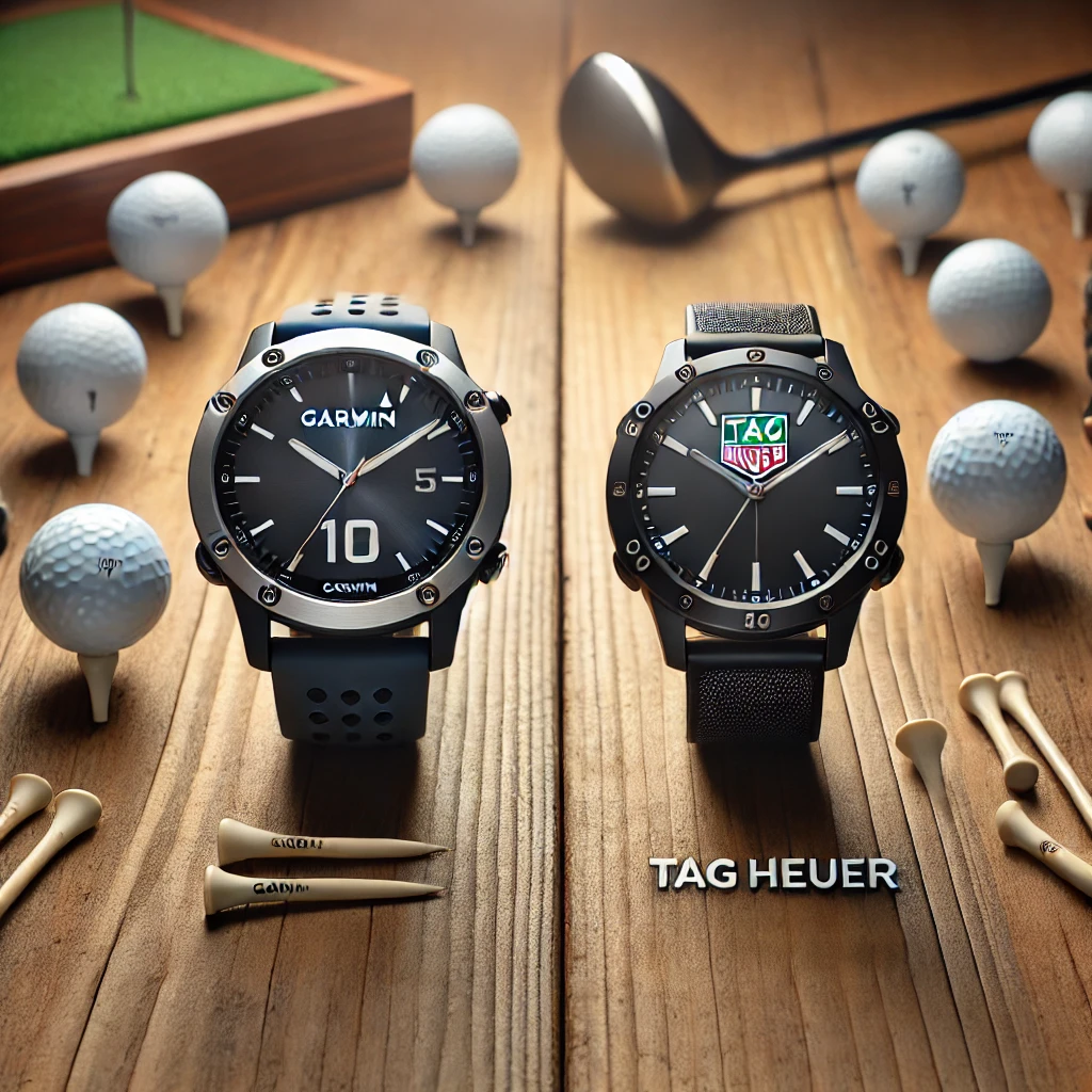 A-professional-and-balanced-photograph-depicting-both-Garmin-and-Tag-Heuer-golf-watches-side-by-side-on-a-clean-wooden-table-surrounded-by-small-golf.webp