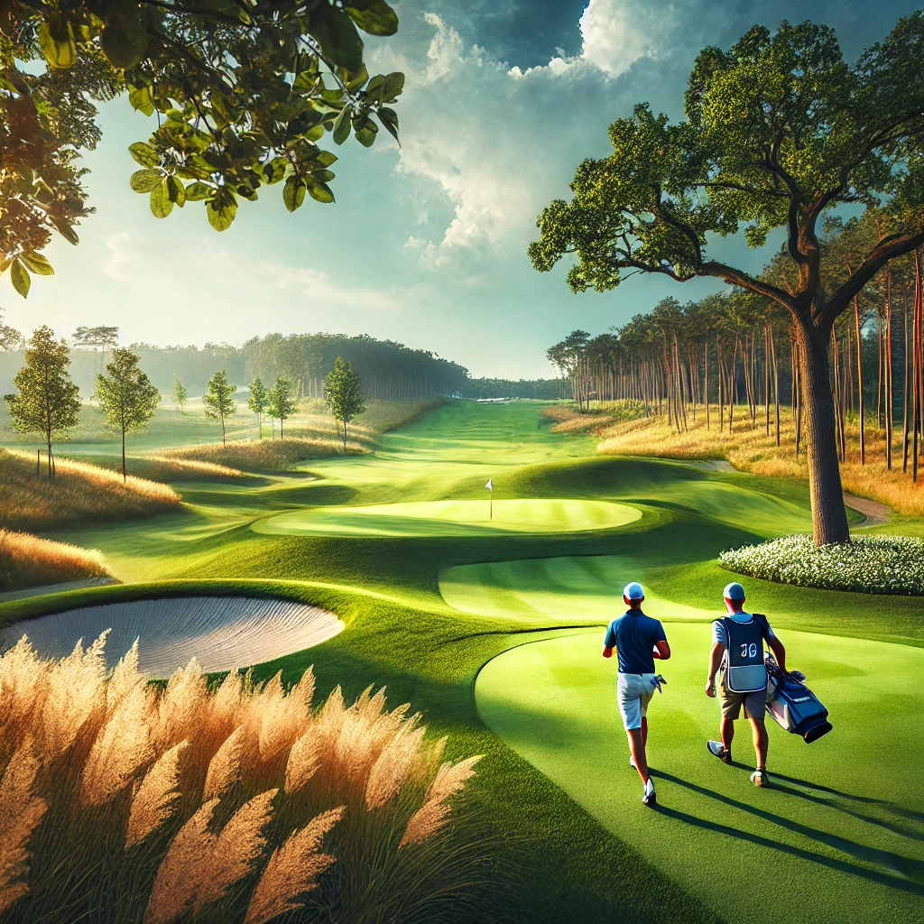 A-picturesque-golf-course-on-a-sunny-day-with-a-golfer-and-their-caddie-walking-towards-a-green.-The-setting-showcases-lush-greenery-sand-traps-and.webp