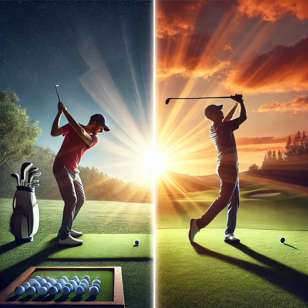 A-split-screen-image-concept-illustrating-the-difference-between-talent-and-skill.-On-one-side-a-golfer-practicing-hard-under-a-setting-sun-and-on-t.webp