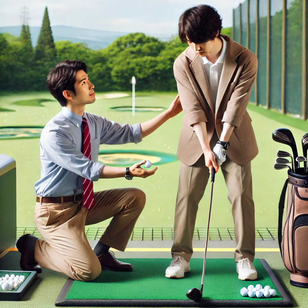 A-photo-realistic-image-of-a-Japanese-golf-instructor-helping-a-frustrated-student-at-a-driving-range.-The-student-a-Japanese-man-appears-visibly-re.webp