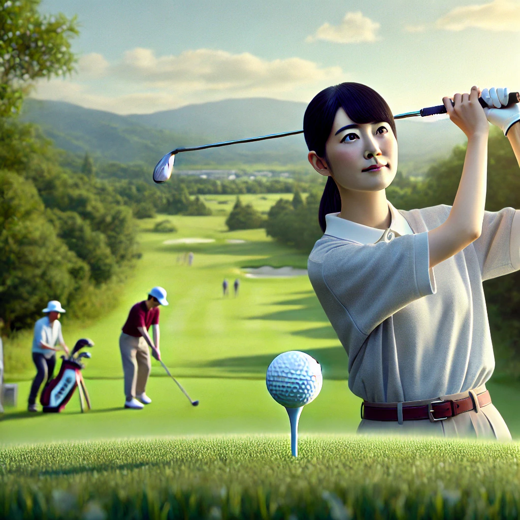 A-photo-realistic-image-of-a-Japanese-female-golfer-on-a-golf-course-demonstrating-proper-technique-but-with-a-shorter-drive.-The-scene-highlights-th.webp