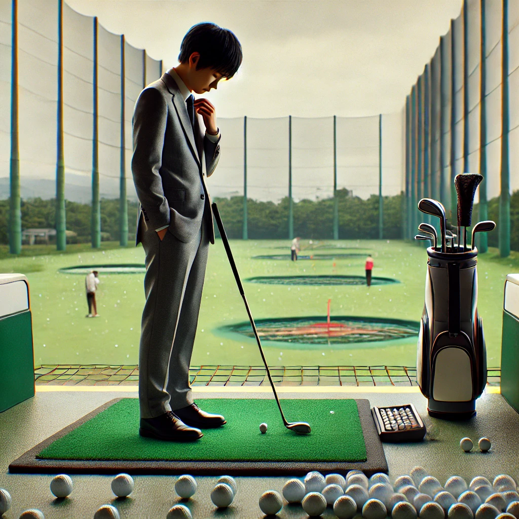 A-photo-realistic-image-of-a-Japanese-golfer-standing-on-a-driving-range-looking-discouraged-after-repeatedly-missing-shots.-Nearby-are-scattered-gol.webp