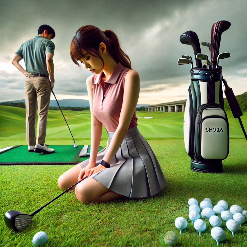 A-photo-showing-a-frustrated-golfer-missing-a-shot-standing-on-a-lush-green-golf-course-under-a-cloudy-sky.