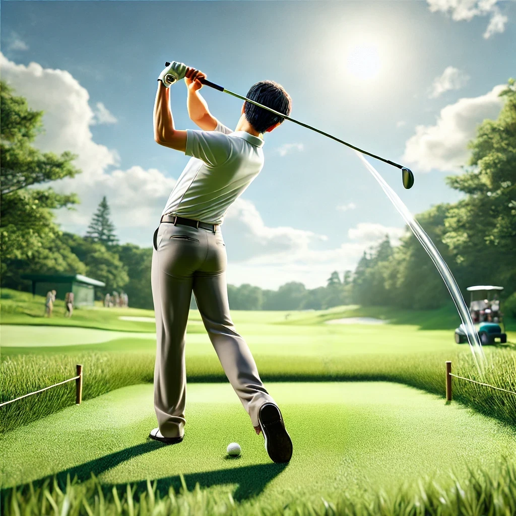 A-realistic-photo-of-a-Japanese-golfer-mid-swing-on-a-sunny-golf-course.-The-golfer-wearing-professional-attire-is-captured-from-the-side-with-the-b.webp