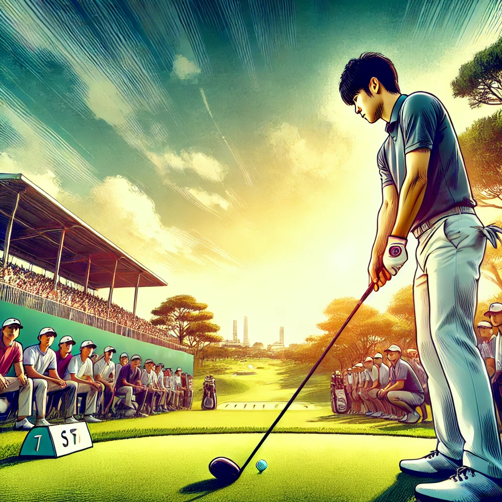 A-vibrant-and-professional-photo-style-illustration-of-a-golf-tournament-in-progress-on-a-sunny-day-featuring-a-Japanese-male-golfer-with-a-focused-s.webp