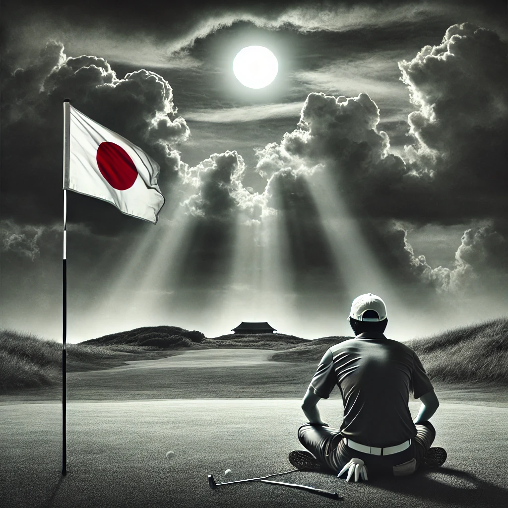 A-dramatic-photo-style-illustration-showing-a-Japanese-golfer-sitting-on-the-grass-after-missing-a-critical-shot-with-a-cloudy-sky-and-a-golf-flag-in.webp