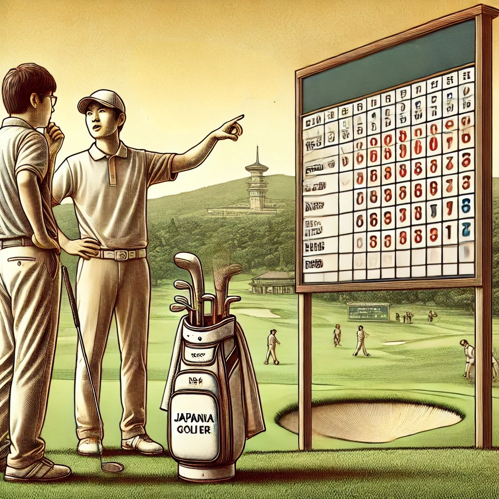 A-detailed-photo-style-illustration-of-two-Japanese-golfers-one-explaining-strategy-to-another-on-a-scenic-golf-course-near-a-tournament-scoreboard.-.webp