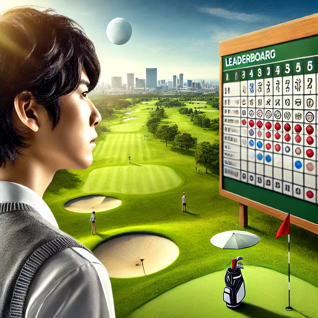 A-photo-realistic-illustration-showing-a-Japanese-golfer-focusing-on-a-leaderboard-at-a-golf-tournament-with-clear-weather-and-a-well-maintained-cour.webp