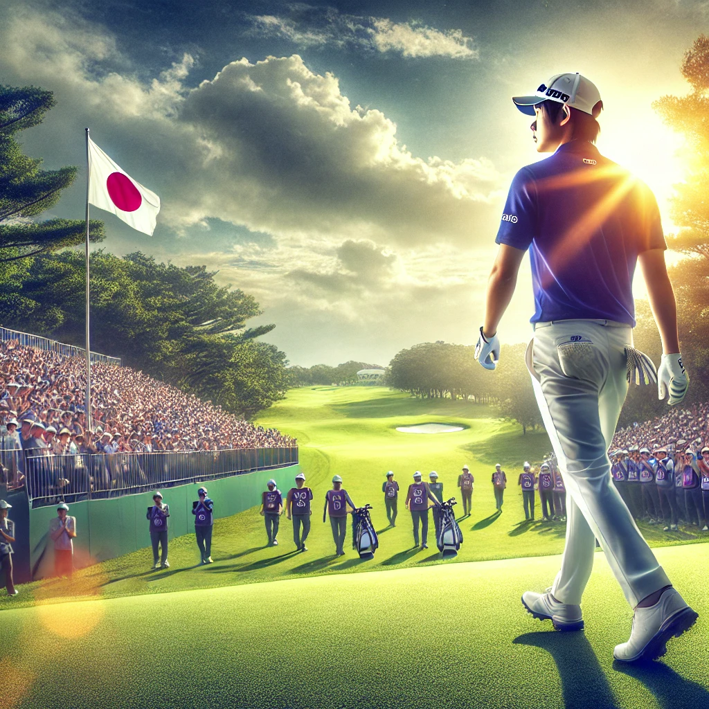 A-professional-photo-style-illustration-of-a-Japanese-golfer-walking-confidently-on-a-sunny-golf-course-surrounded-by-lush-fairways-and-a-cheering-cr.webp