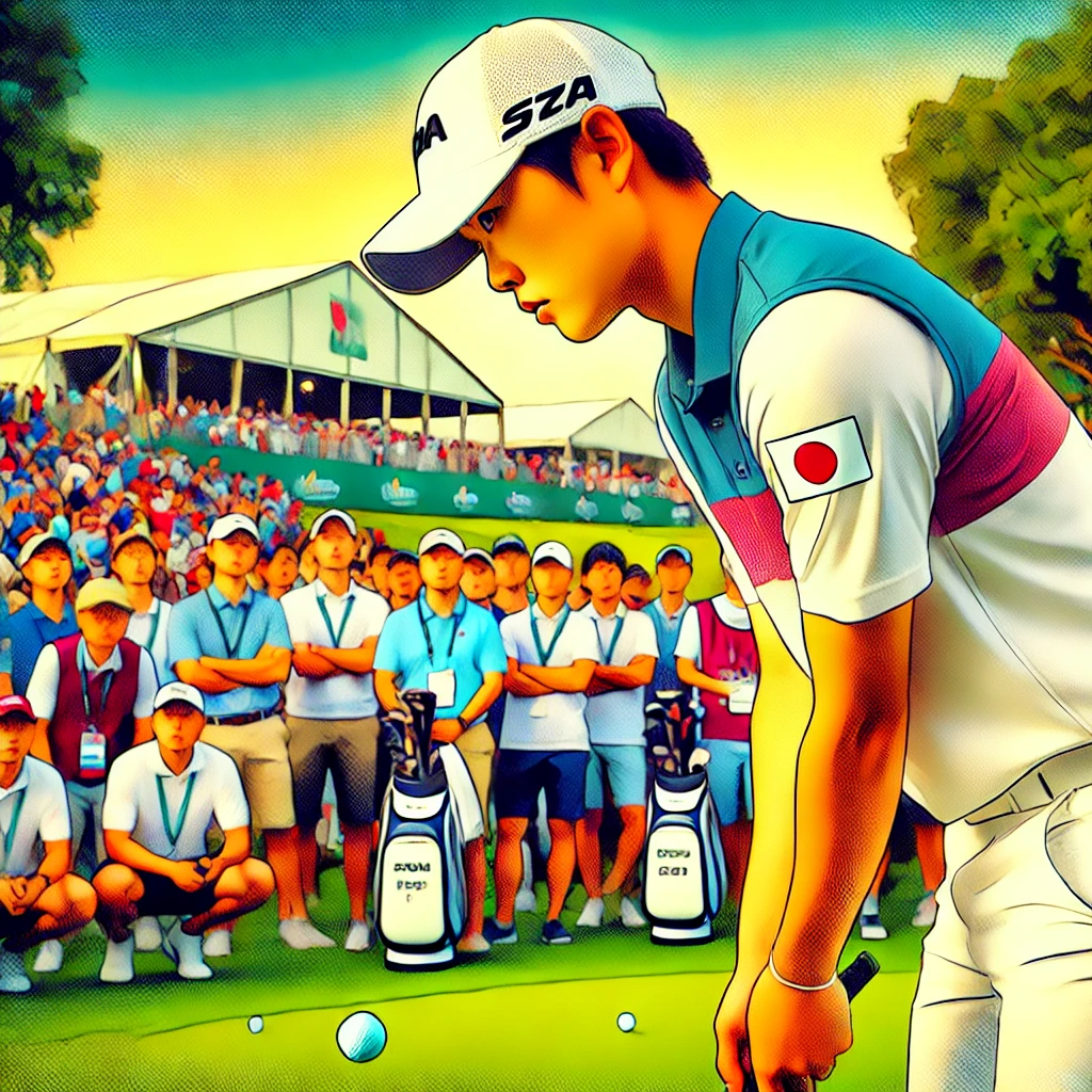 A-vibrant-photo-style-illustration-of-a-competitive-golf-tournament-showing-a-Japanese-golfer-in-a-focused-stance-preparing-to-take-a-shot-with-othe.webp