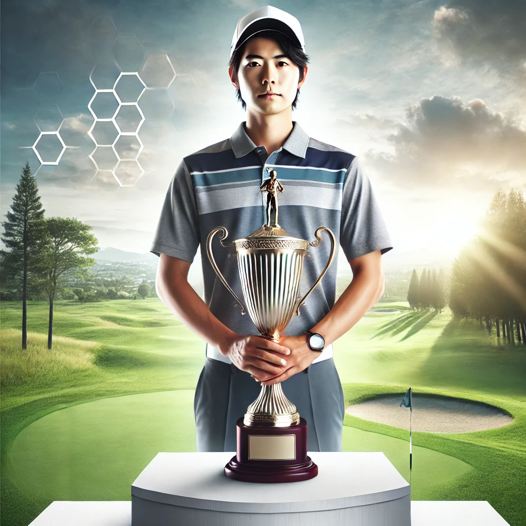 A-professional-photo-style-illustration-depicting-a-Japanese-male-golfer-holding-a-trophy-standing-on-a-podium-with-a-scenic-golf-course-in-the-backg.webp