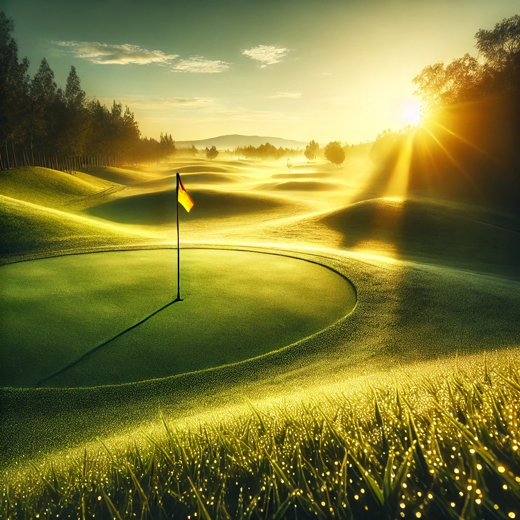 A-captivating-photo-of-a-scenic-golf-course-at-sunrise-featuring-lush-green-fairways-rolling-hills-and-a-golf-flag-in-the-distance.-The-setting-is-.webp