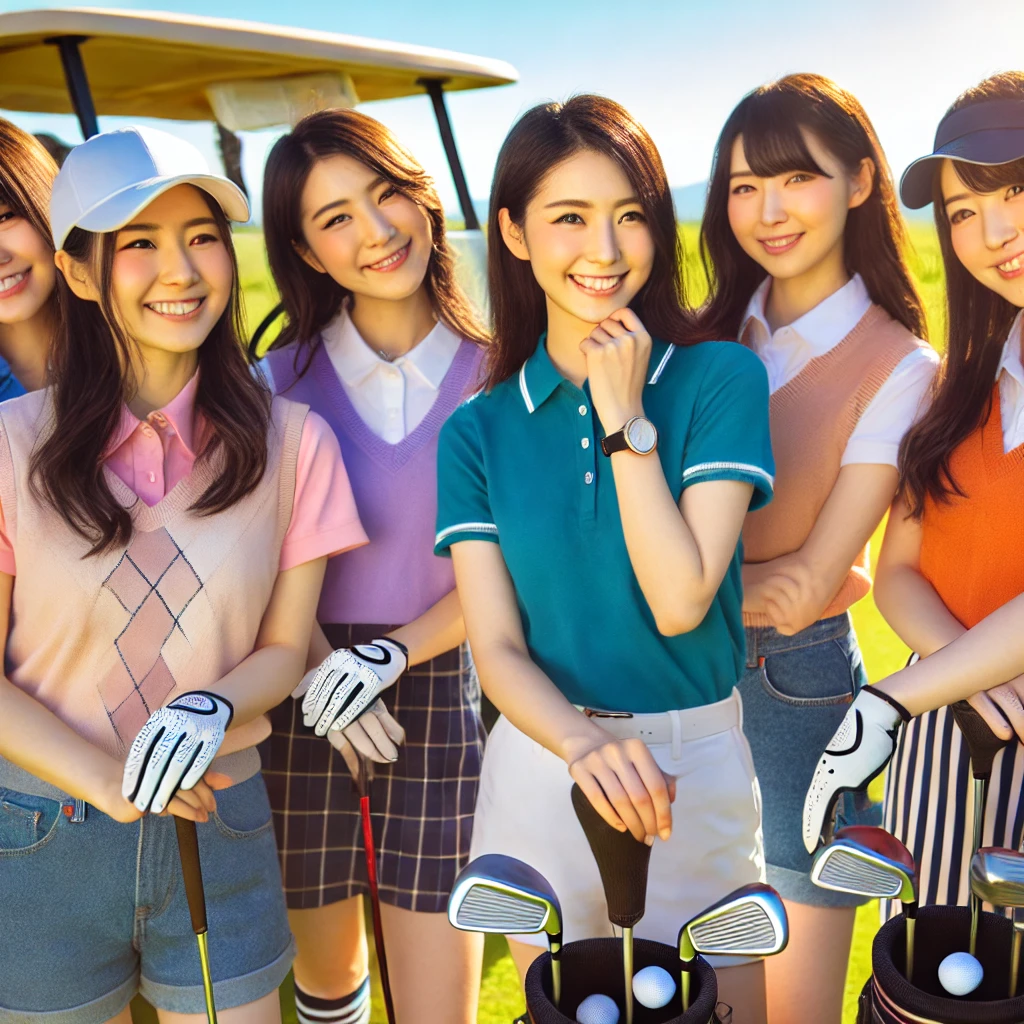 A-vibrant-photo-showing-a-group-of-young-Japanese-women-playing-golf-enjoying-the-sport-on-a-sunny-day.-The-players-are-dressed-in-stylish-golf-attir.webp