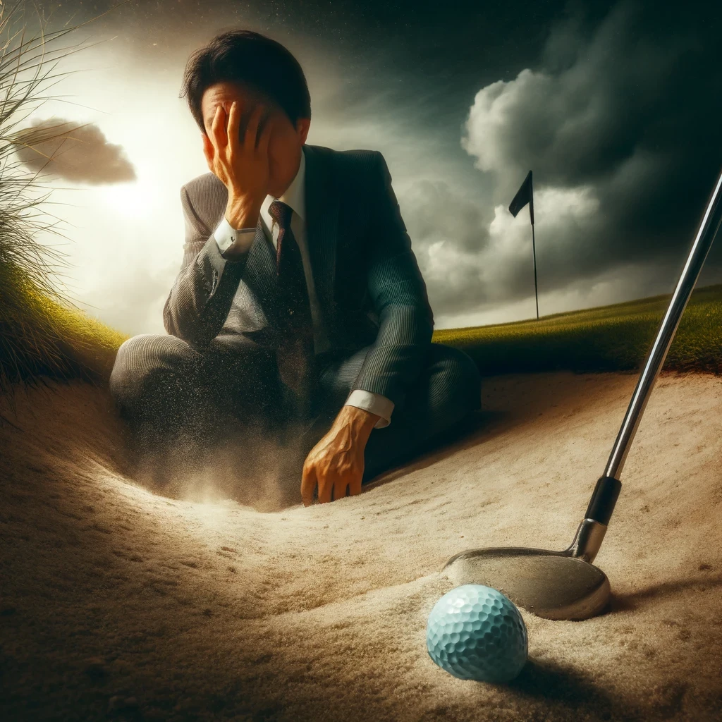 A-dramatic-photograph-depicting-the-frustrations-of-golf-featuring-a-Japanese-golfer-with-a-disappointed-expression-near-a-sand-bunker-with-a-missed.webp