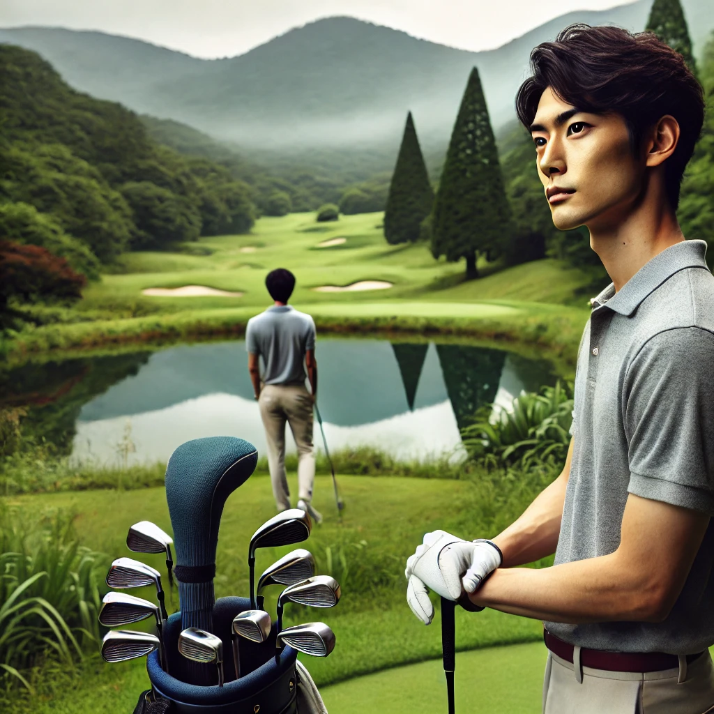 A-serene-photograph-of-a-Japanese-golfer-with-a-reflective-expression-standing-on-a-golf-course-enjoying-the-natural-beauty-and-contemplating-the-pe.webp