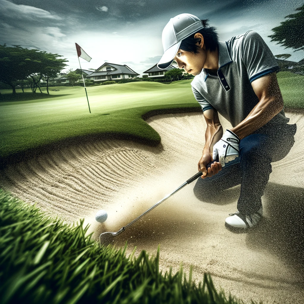 A-dynamic-photograph-of-a-Japanese-golfer-focusing-intensely-while-preparing-for-a-challenging-shot-in-a-sand-bunker-on-a-well-manicured-golf-course.-.webp