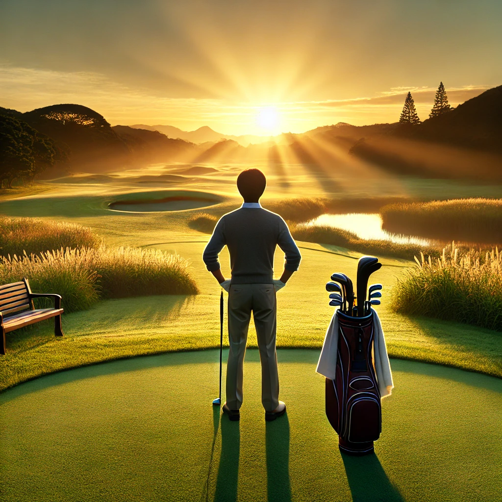 A-transformative-and-emotional-photograph-of-a-Japanese-golfer-standing-on-a-serene-golf-course-at-sunset-reflecting-on-their-journey-and-accomplishm.webp