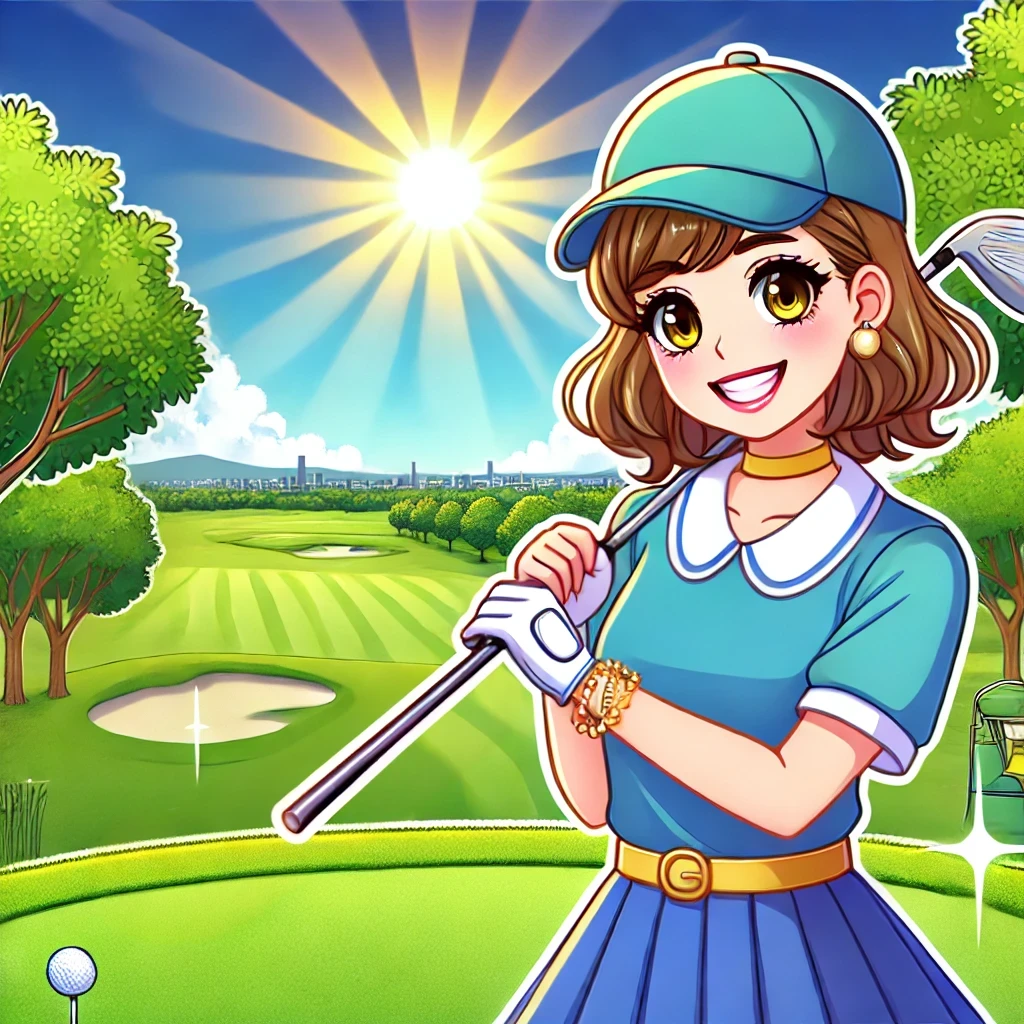 A-vibrant-and-cheerful-photo-style-illustration-of-a-golf-idol-resembling-a-young-woman-in-a-golf-outfit-posing-on-a-sunny-green-golf-course.-She-is-.webp